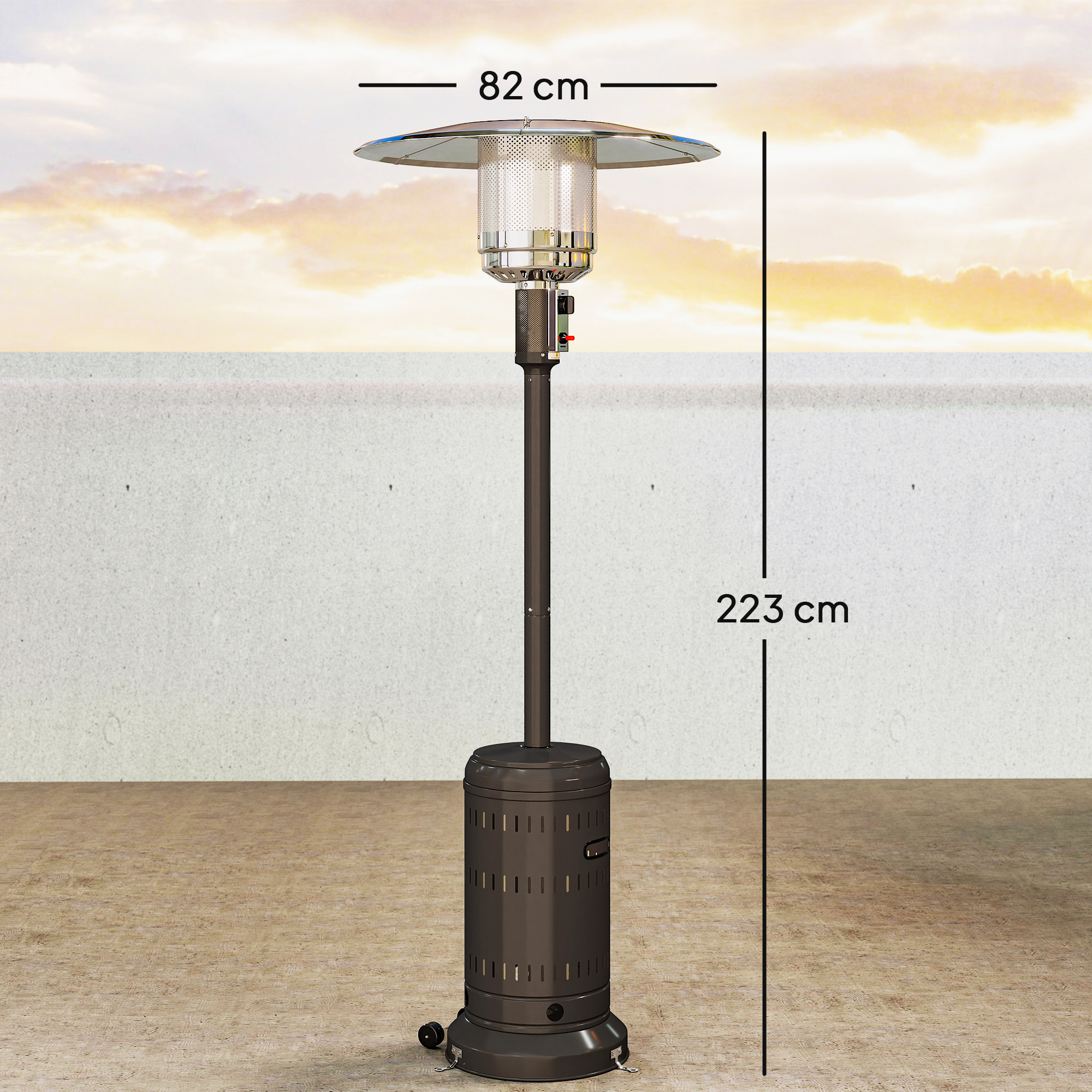 Parasol chauffant gaz mobile 2 roulettes 11 kW allumage piézo électrique H.223cm métal noir alu.