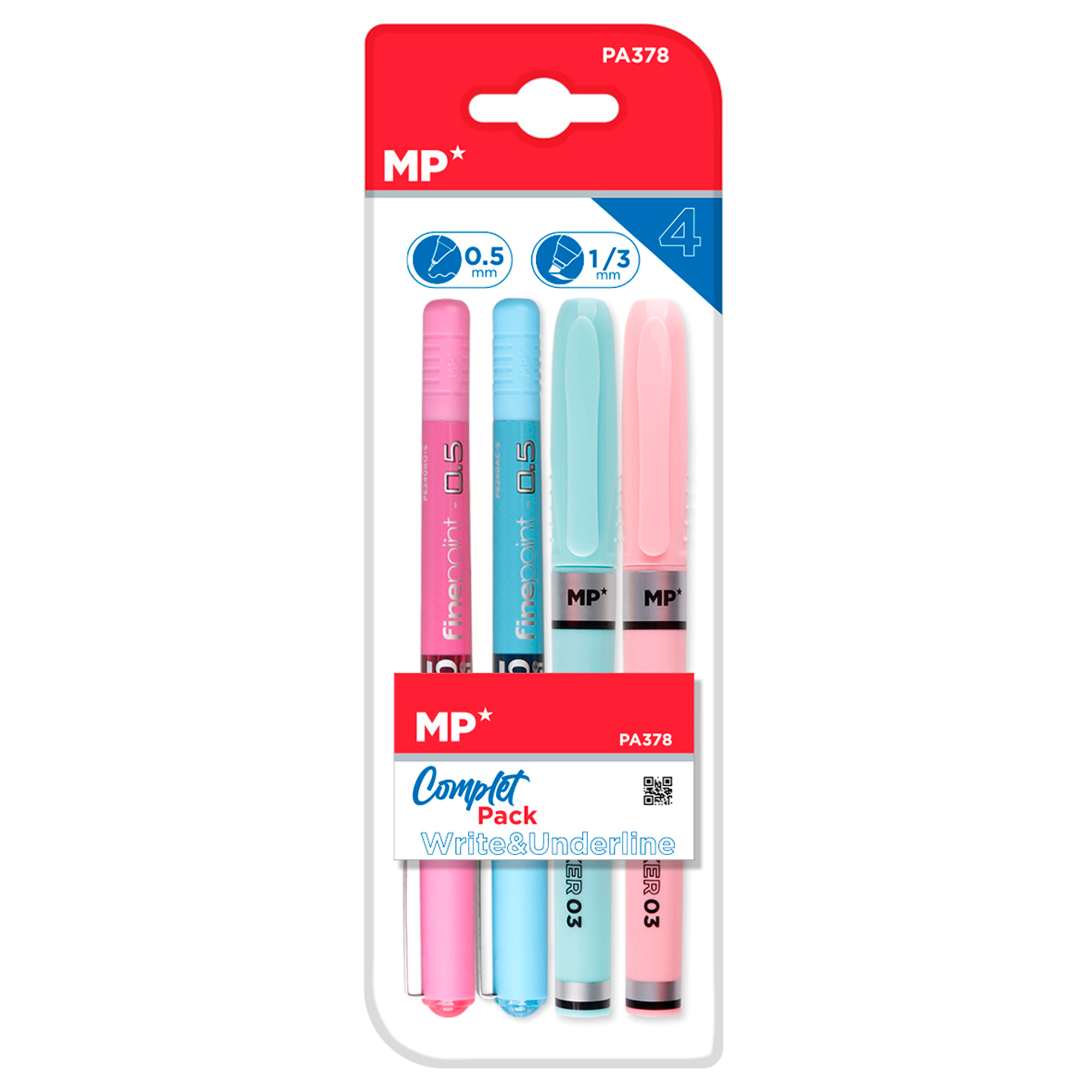 SET DE ESCRITURA: 2 bolígrafos con punta de aguja y 2 rotuladores fluorescentes.