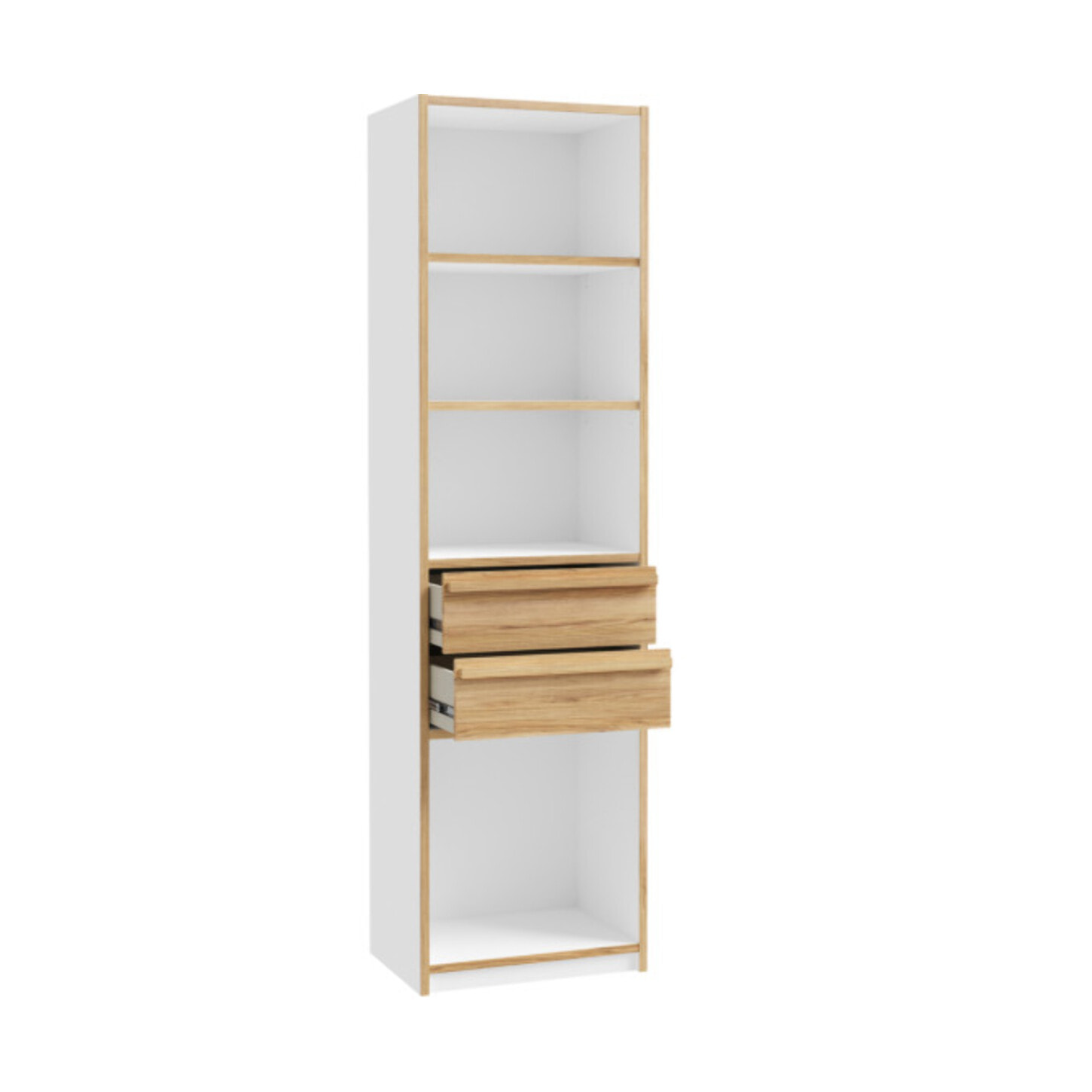 Bibliothèque 59 cm 4 niches 2 tiroirs décors blanc et chêne - BROOM