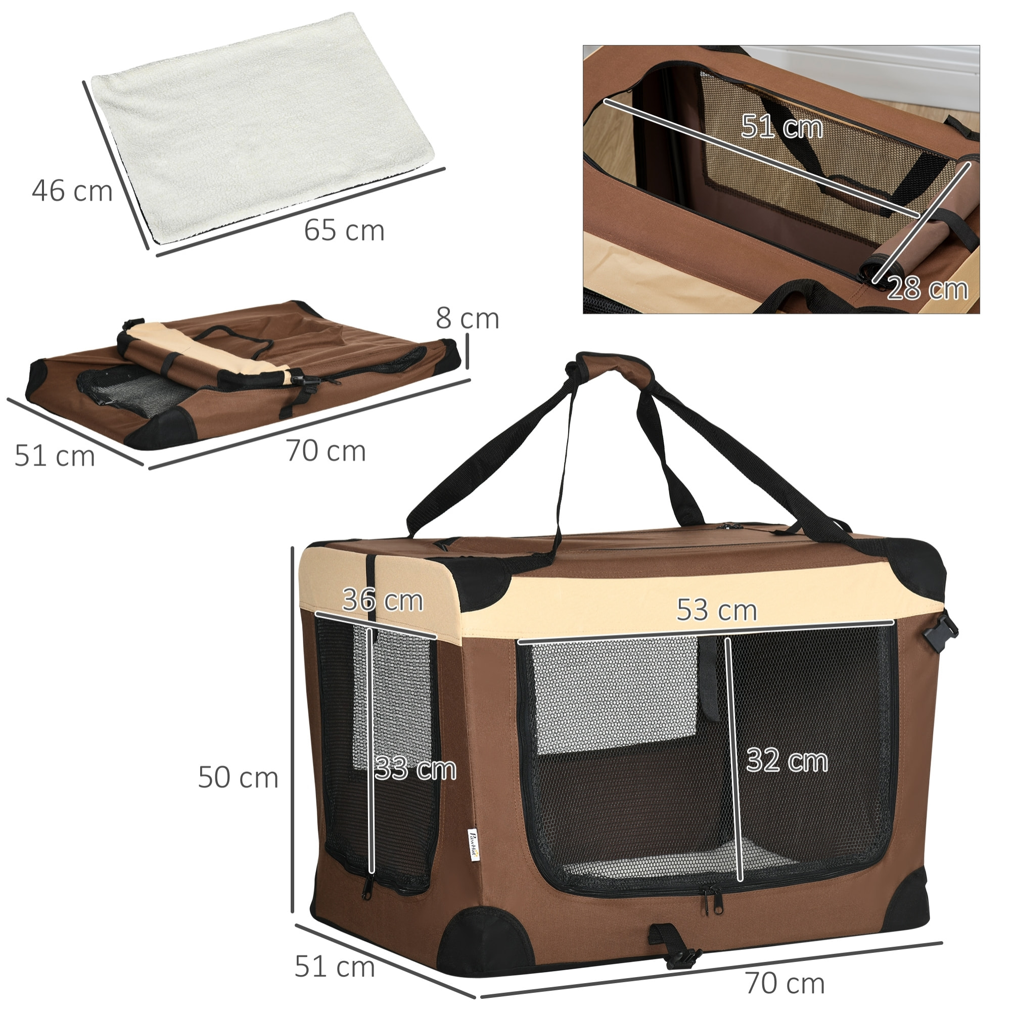 Sac de transport pour chien et chat pliable - poignée, 3 entrées zippées, poche - coussin amovible inclus - acier oxford polyester marron noir