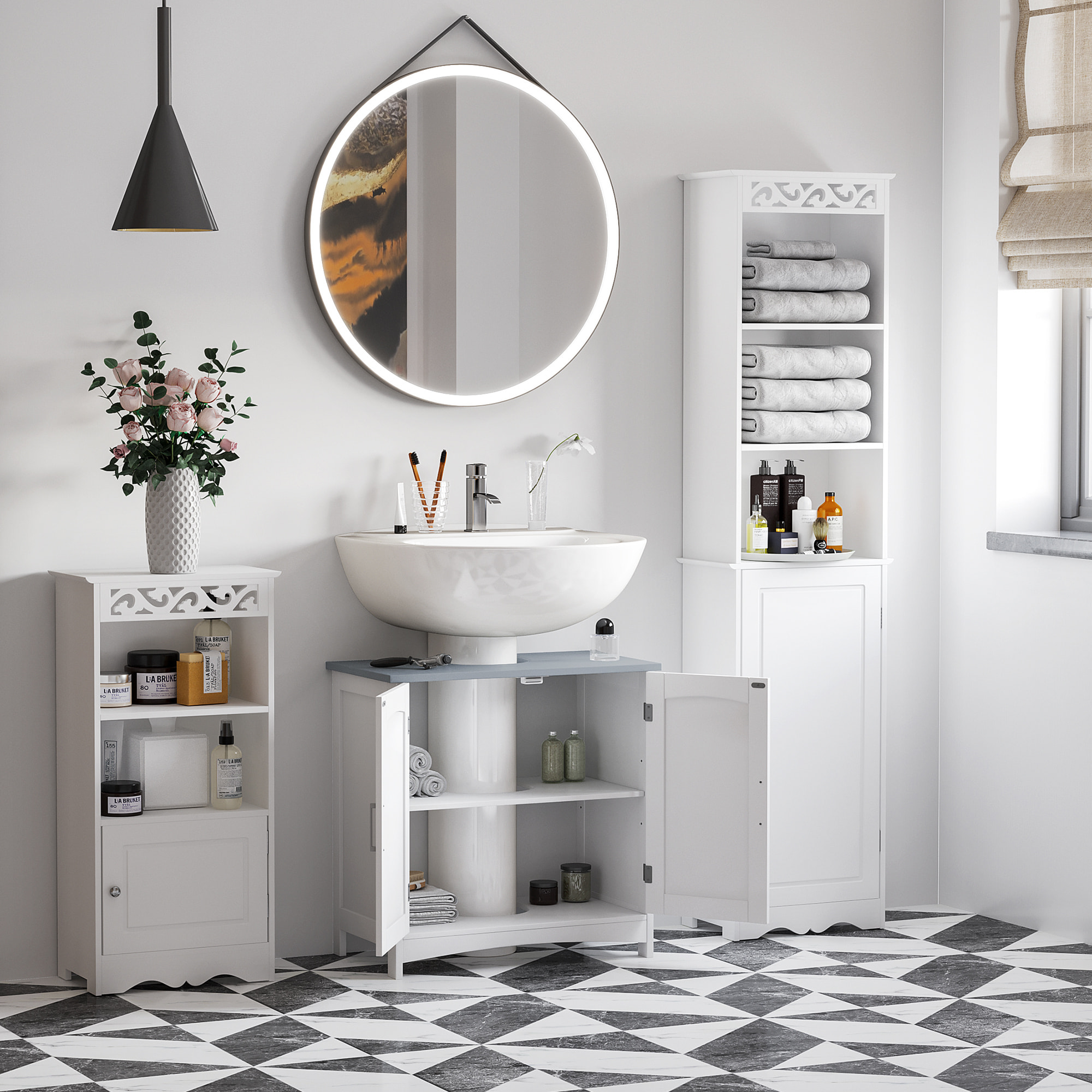 Meuble sous vasque sur pied 2 portes étagères dim. 60 x 33 x 76 cm blanc gris
