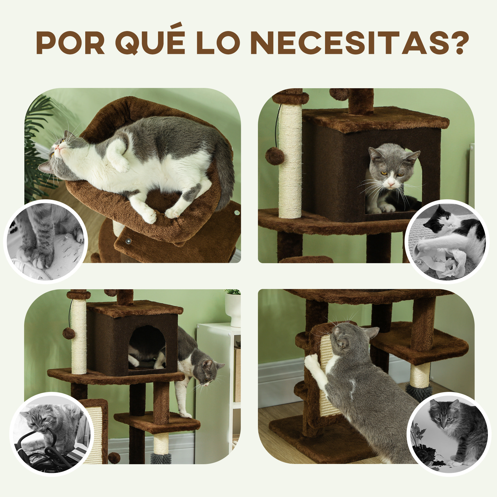 Árbol Rascador para Gatos Altura 104 cm Árbol para Gatos Torre para Gatos con Plataformas Poste con Cepillo Bolas Colgantes y Almohadilla para Rascar Marrón
