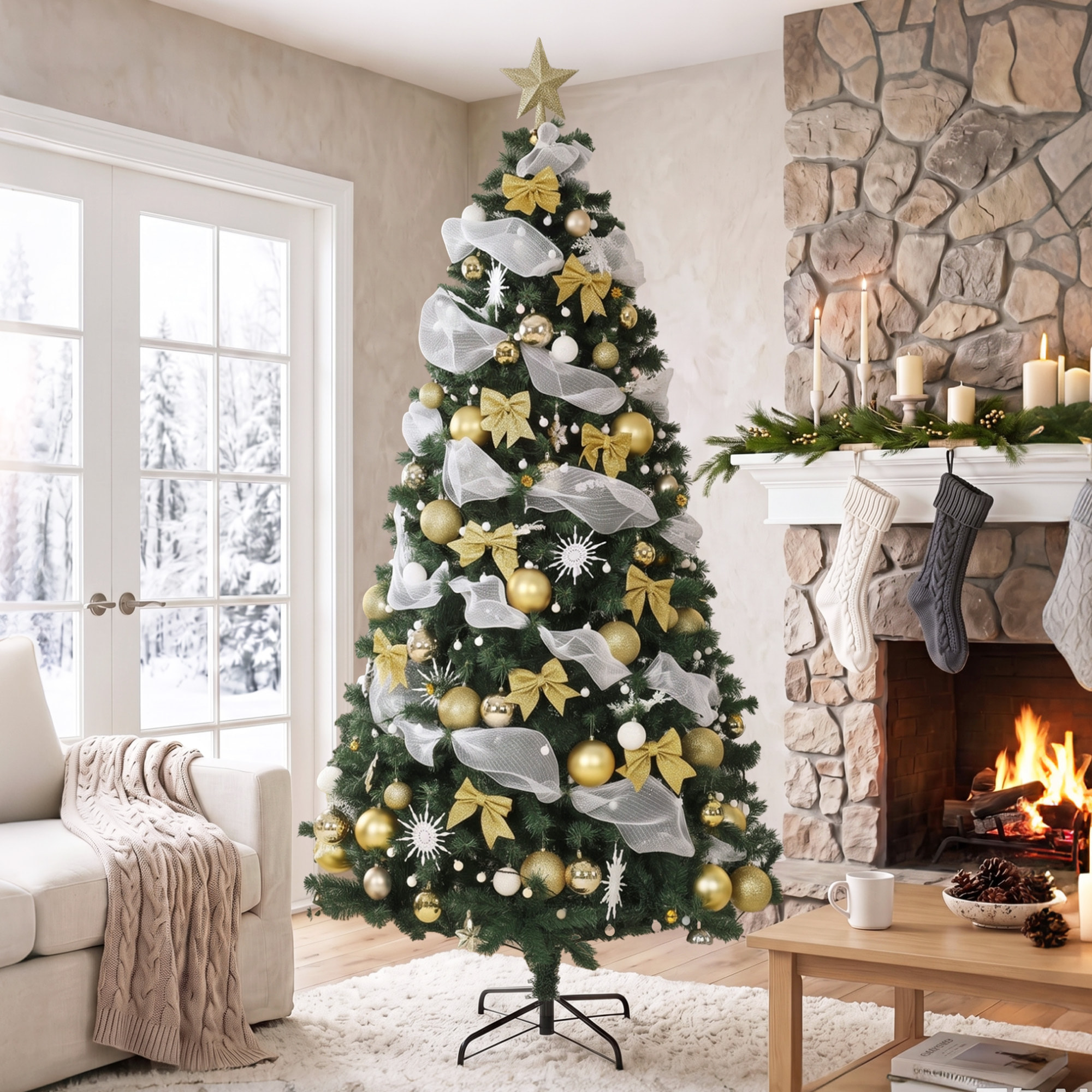 HOMCOM Árbol de Navidad con 250 LED Blanco Cálido, 230 cm, Árbol de Navidad Predecorado, 1136 Ramas, 8 Modos, Bolas, Cintas y Lazos, Mando a Distancia, Base Metálica Plegable, Funciona con USB, Verde