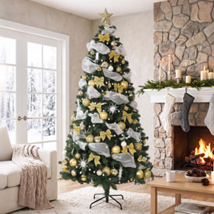 HOMCOM Árbol de Navidad con 250 LED Blanco Cálido, 230 cm, Árbol de Navidad Predecorado, 1136 Ramas, 8 Modos, Bolas, Cintas y Lazos, Mando a Distancia, Base Metálica Plegable, Funciona con USB, Verde