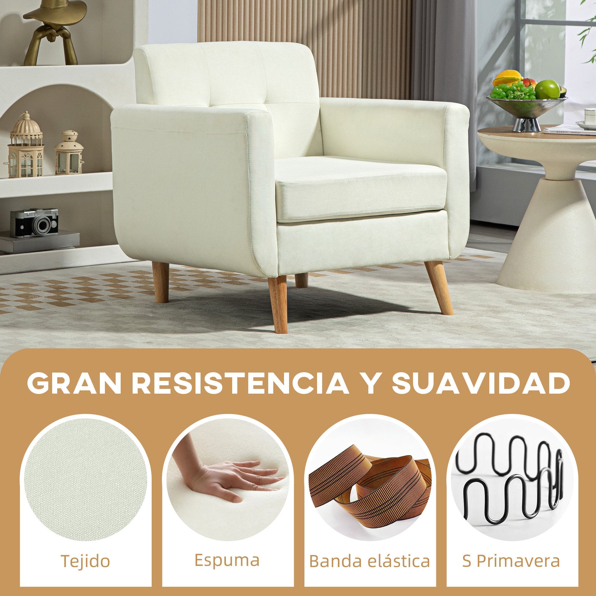 Sillón de Salón Moderno Butaca para Dormitorio con Reposabrazos y Patas de Madera Sofá Individual Carga 125 kg para Oficina Sala de Estar Crema