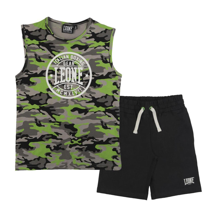 Conjunto de camiseta sin mangas flúor militar para niño y bermudas.