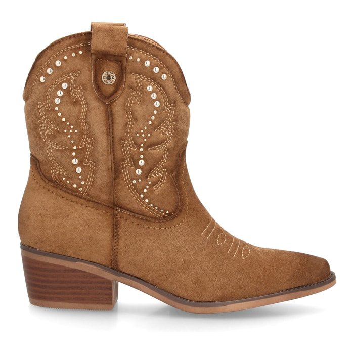 Botas cowboy mujer caña media serraje con tachuelas y tacón bajo