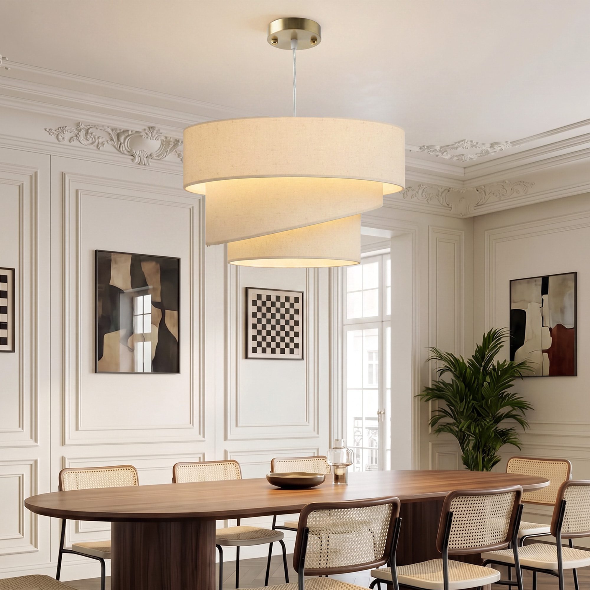 Suspension salon beige clair - abat-jour triple - support doré