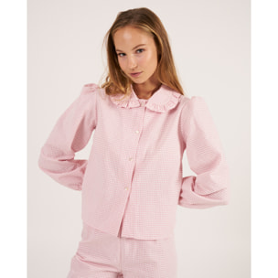 Camiseta de pijama de mujer abotonada de cuadros vichy