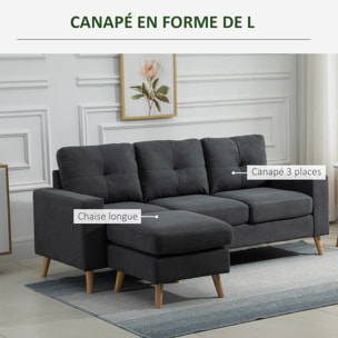 Canapé d'angle 3 places design scandinave - dossier effet capitonné, repose-pied amovible - piètement bois tissu anthracite