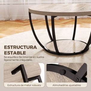 Mesa de Centro, Mesa de Café Redonda para Salón con Estante de Almacenaje y Marco de Metal, 80x80x43,8 cm, Roble