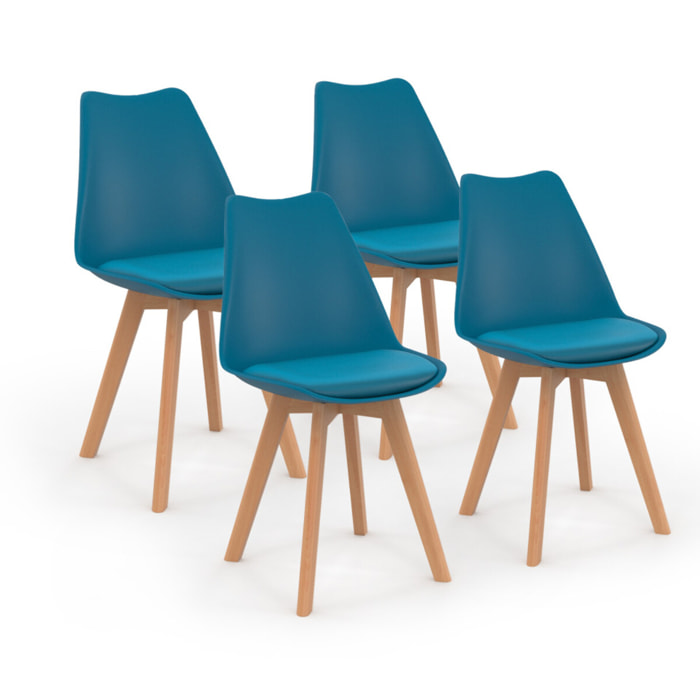 Chaises Nordia bleu canard pieds bois - lot de 4