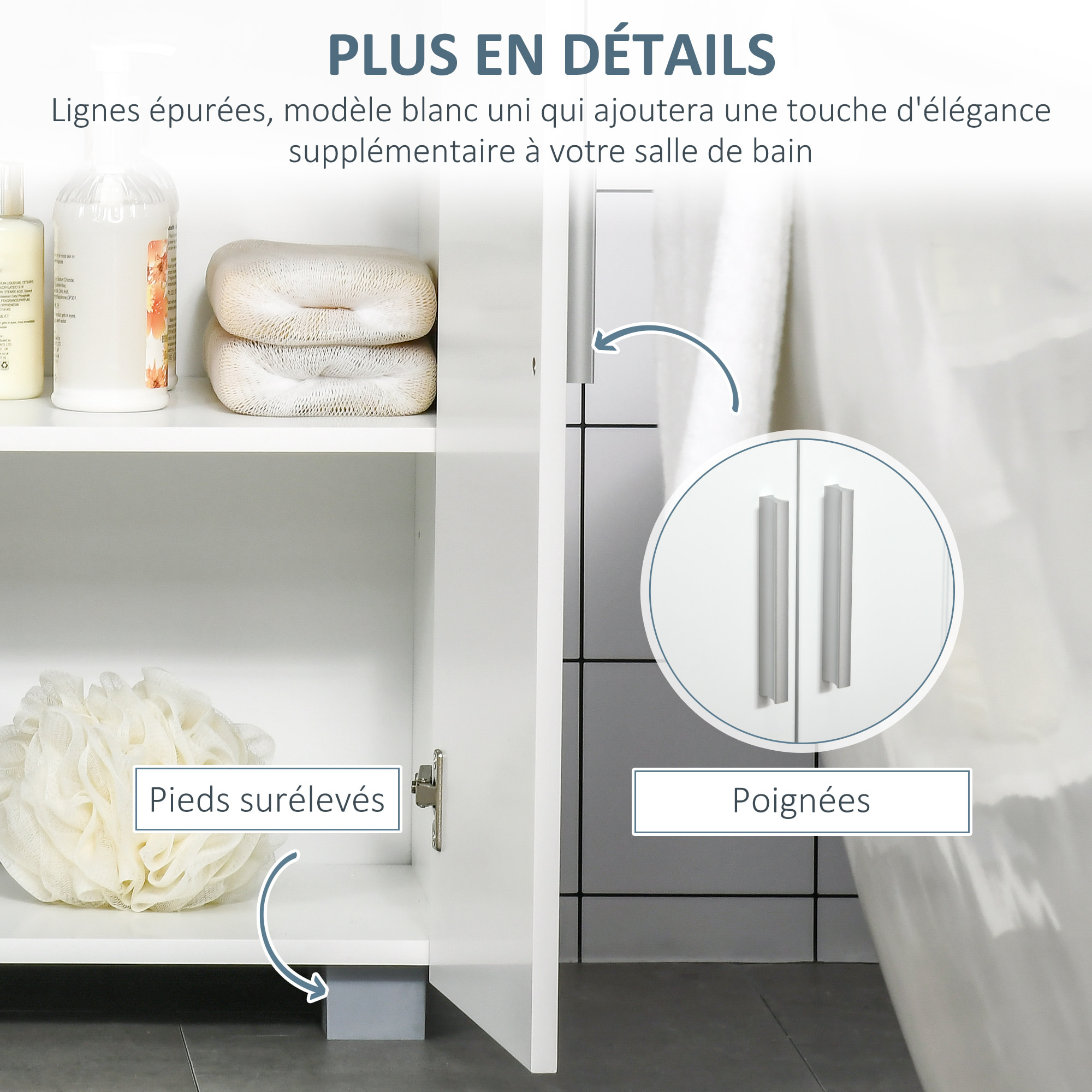 Meuble bas de salle de bain sur pied - 2 portes, 2 étagères réglables - dim. 60 x 30 x 80 cm - MDF blanc