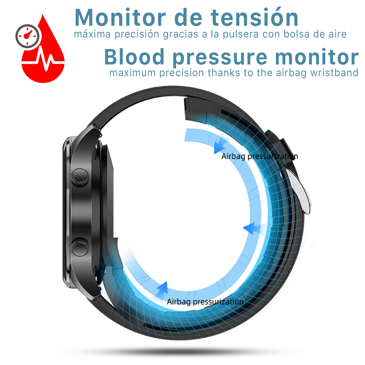 Smartwatch P50 con bomba de aire y balón prueba de presión arterial real. Termómetro corporal, frecuencia respiratoria.