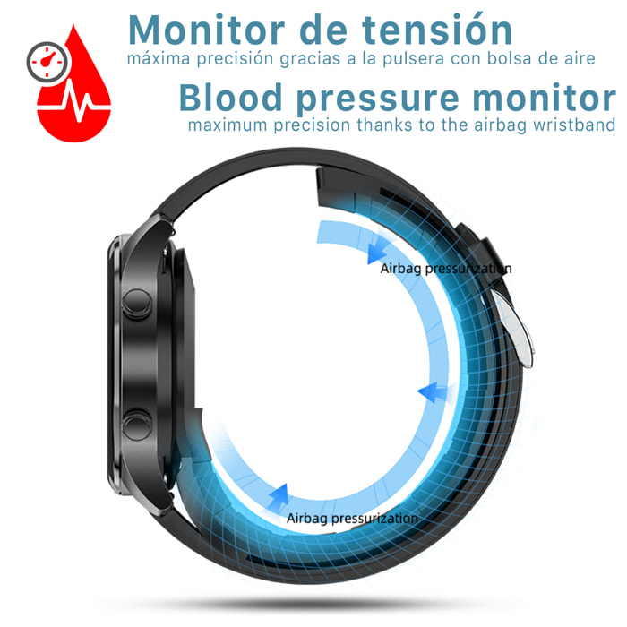 Smartwatch P50 con bomba de aire y balón prueba de presión arterial real. Termómetro corporal, frecuencia respiratoria.