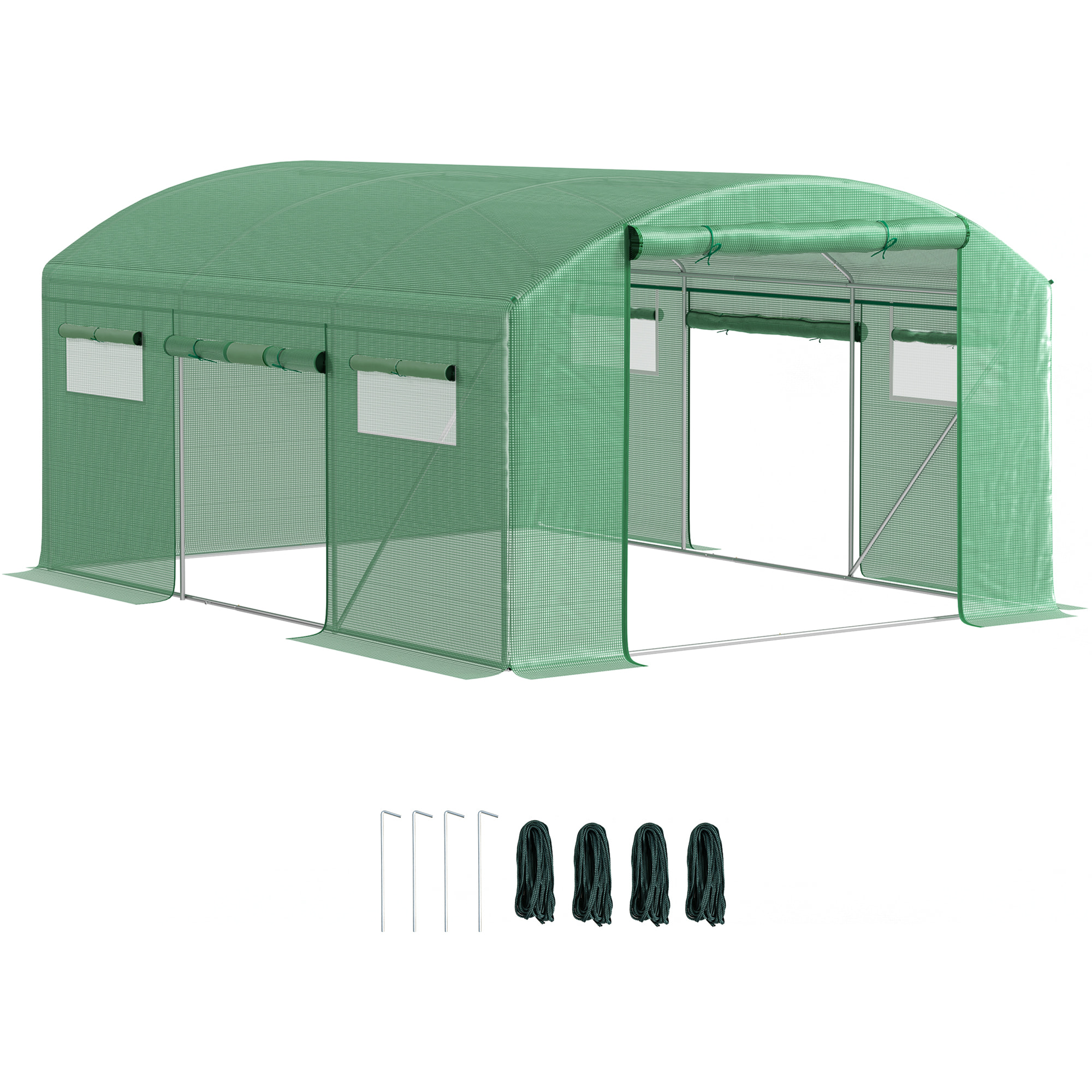 Invernadero de Exterior 4x3x2 m Invernadero de Túnel con 6 Ventanas de Malla Cubierta de PE Anti-UV y 3 Puertas Enrollables con Cremallera Invernadero para Jardín Patio Verde