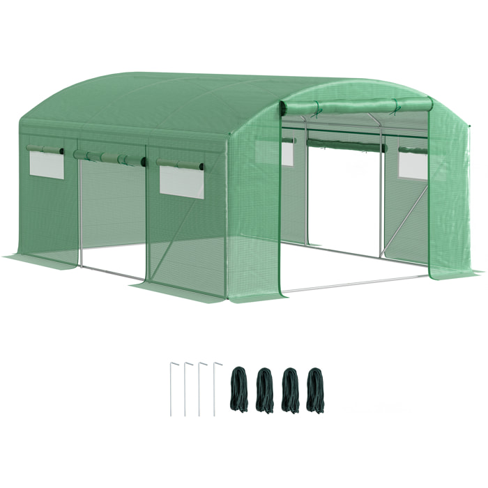 Invernadero de Exterior 4x3x2 m Invernadero de Túnel con 6 Ventanas de Malla Cubierta de PE Anti-UV y 3 Puertas Enrollables con Cremallera Invernadero para Jardín Patio Verde