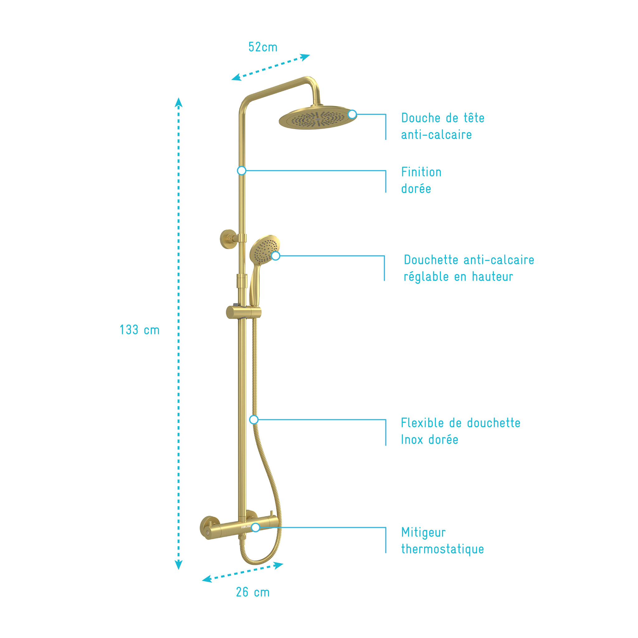 Colonne de douche Thermostatique finition Or Doré Brossé 133x26x52 cm - MOLLY GOLD
