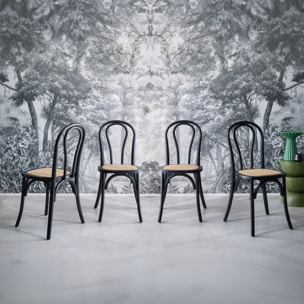 Lot de 4 chaises vintage en bois avec assise en rotin et dossier arrondi. coloris noir. L 48 x P 49.5 x H 90cm