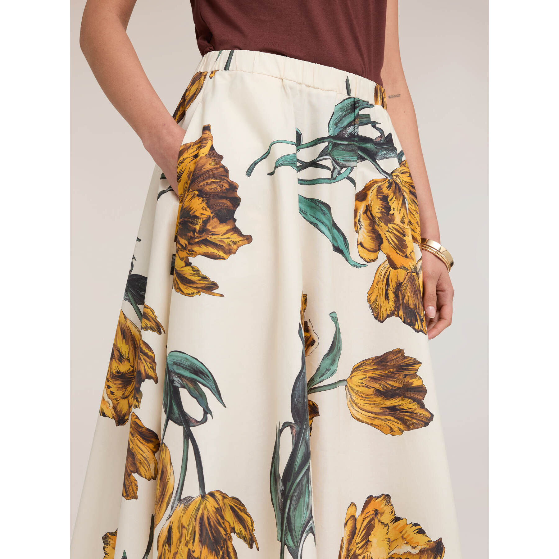 Motivi - Gonna svasata in popeline con stampa - Bianco