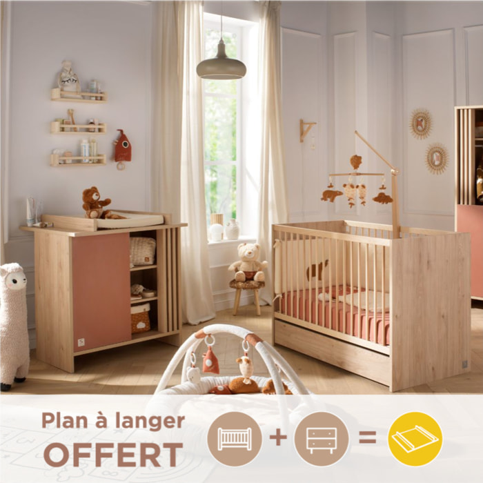 Chambre bébé complète Tokyo, Lit 120x60 et Commode à langer claustra - Chêne suave