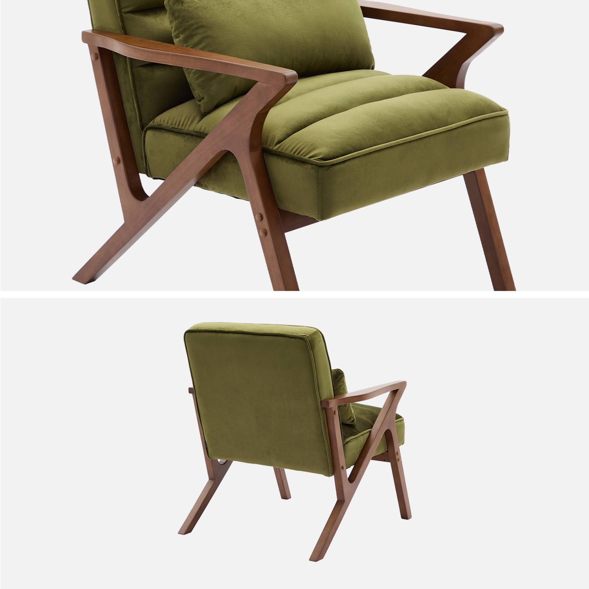 Fauteuil scandinave bois d'hévéa et velours kaki