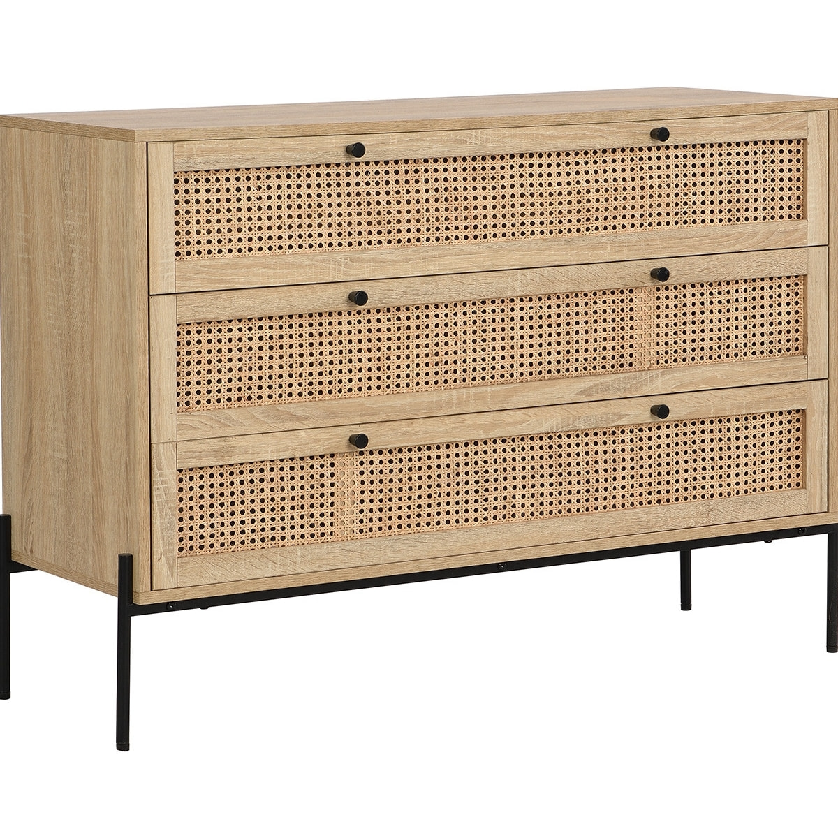 Commode 3 tiroirs en cannage et effet chêne - IRIS
