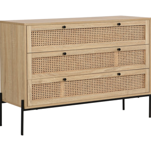 Commode 3 tiroirs en cannage et effet chêne - IRIS