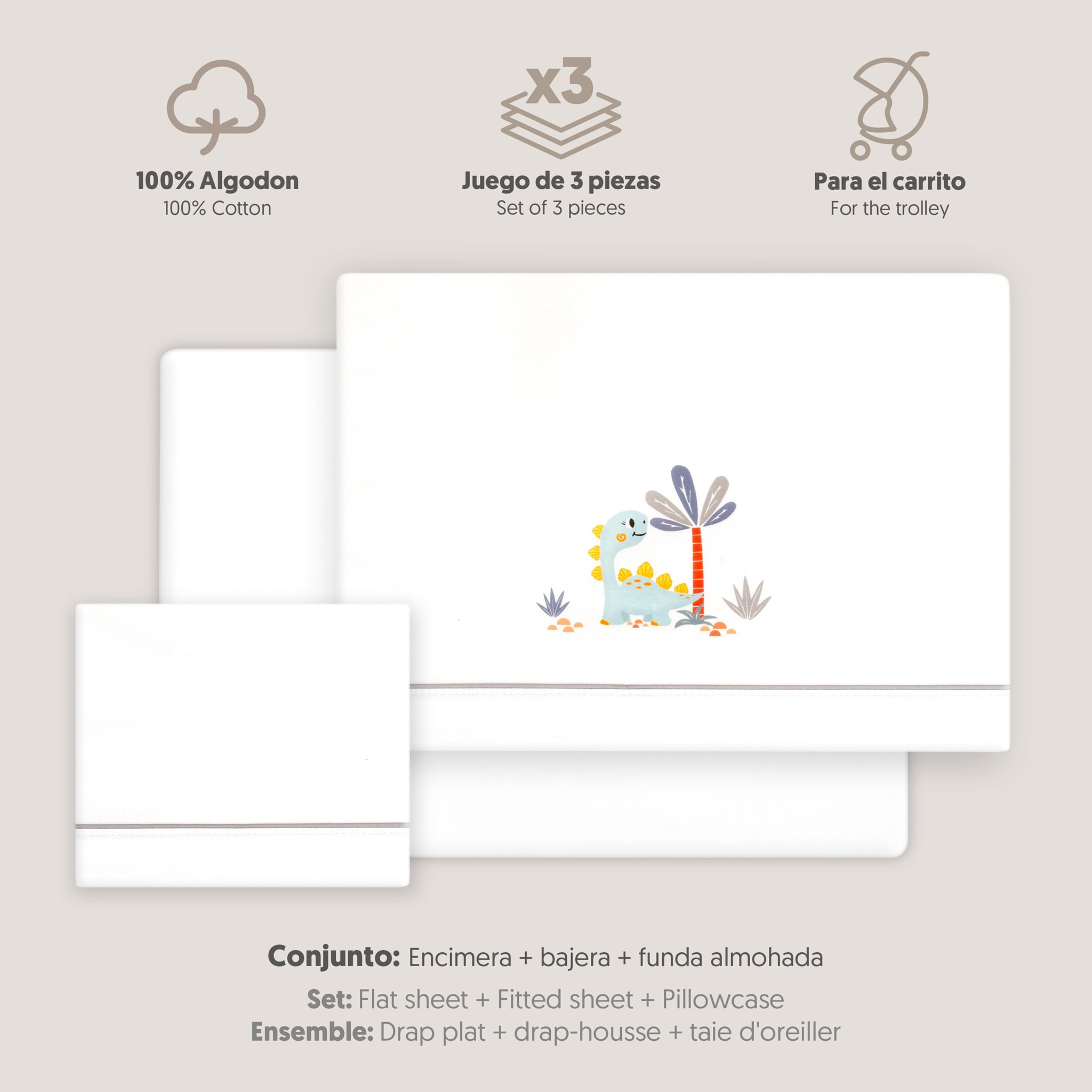 Triptico Coche Estampado Dinosaurio Palmera Bco/Gris