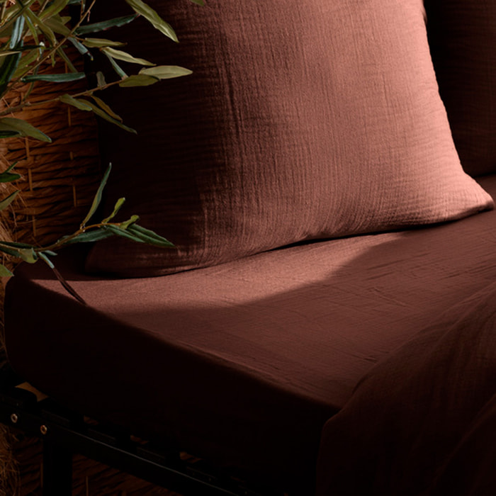 Drap housse "Flora" gaze de coton marron 160x200cm