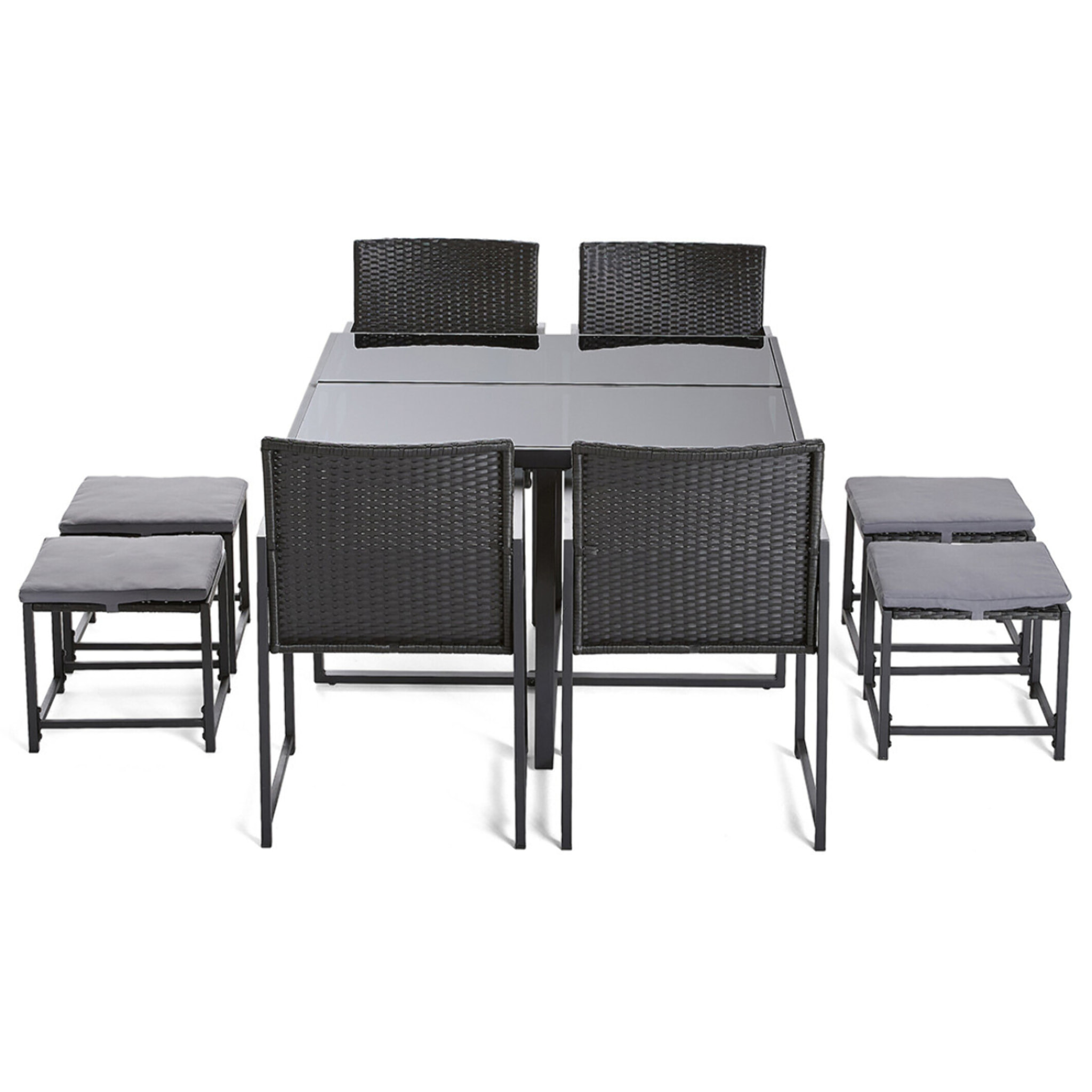 Olaria - ensemble table et chaises de jardin en acier noir - 8 places - coussins gris - Noir / Gris