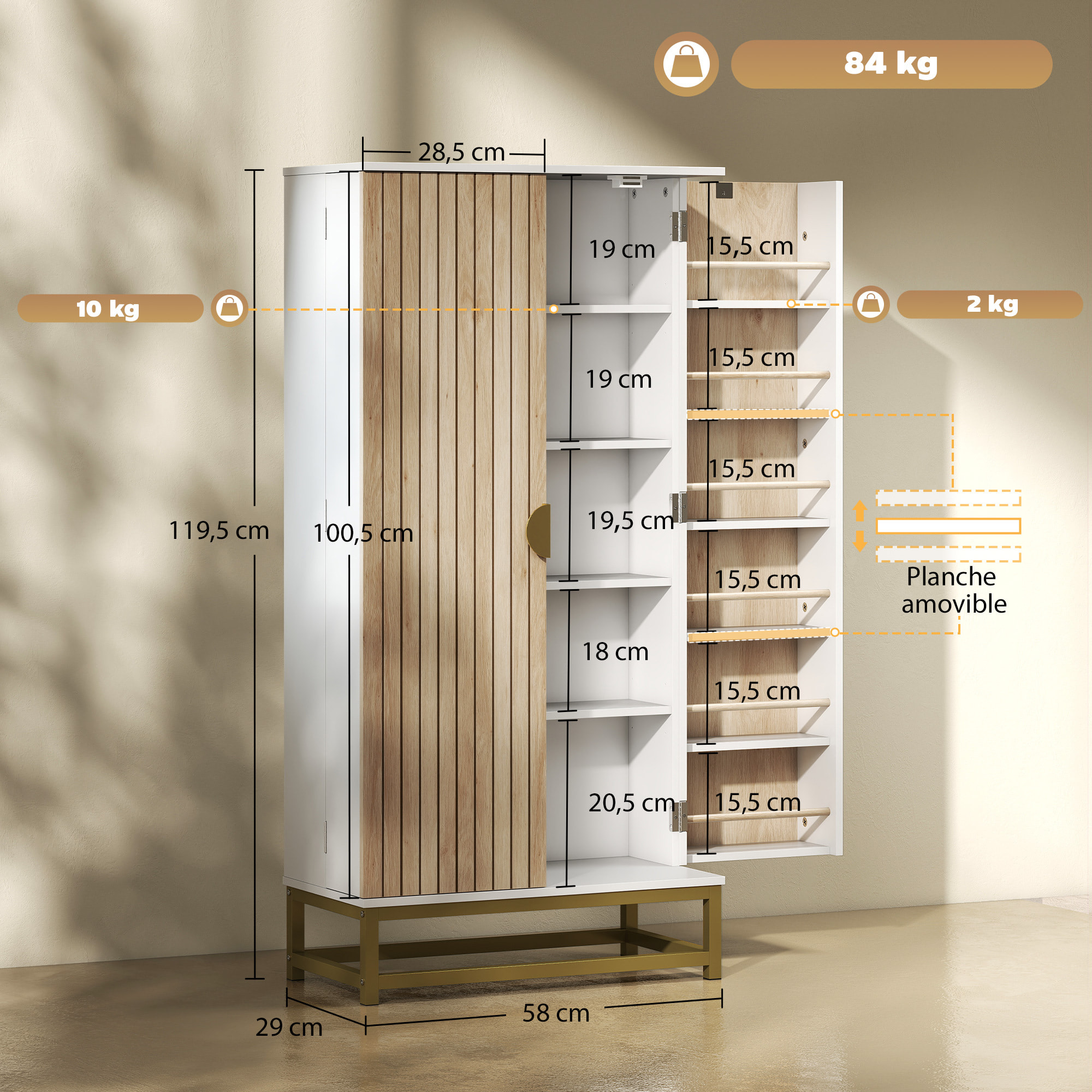 Armario de Cocina, Armario Despensa Cocina, con 2 Puertas con 12 Estantes, Alacena Moderna, con 5 Estantes Ajustables, Base de Acero, para Comedor, Salón, 58x29x119,5 cm, Blanco