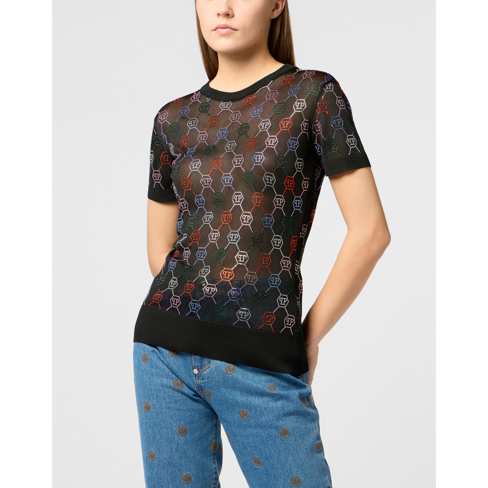 PHILIPP PLEIN Knitted Sexy Pure Fit T-Shirt Multicolor Monogram