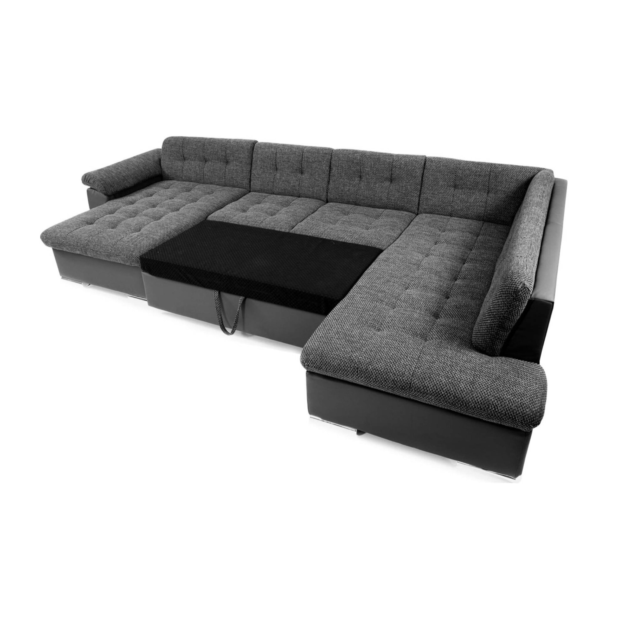 Chuck - canapé panoramique d'angle droit XXL - convertible avec coffre - 7 places - Noir / Gris