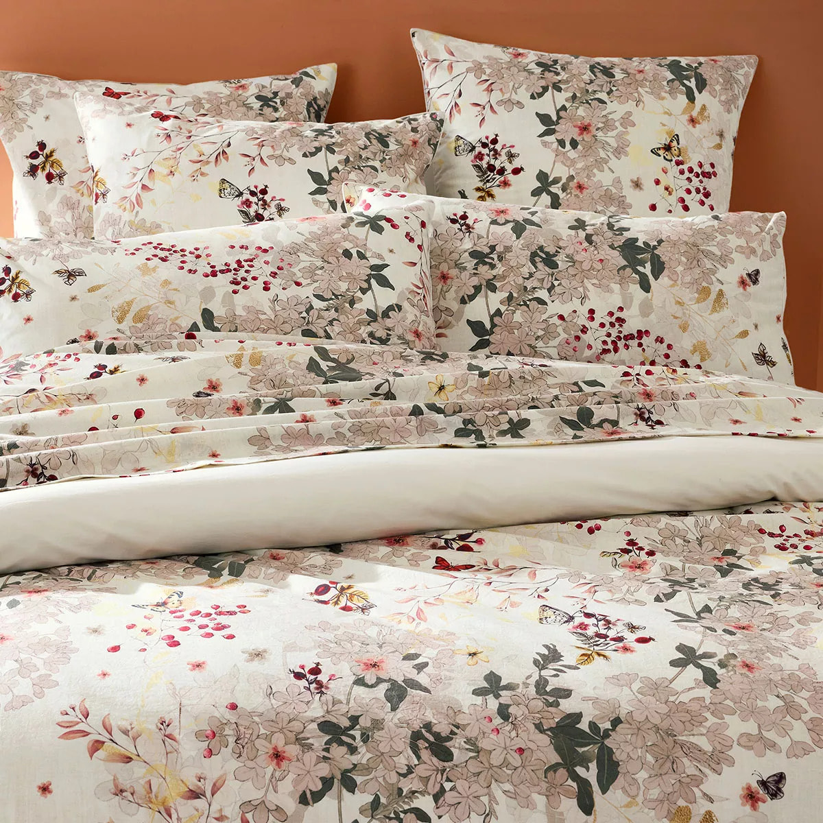 Lot h.couette +taies percale de coton lavé 115 g/m² imprimé beige bordeaux Vintage flowers cranberry
