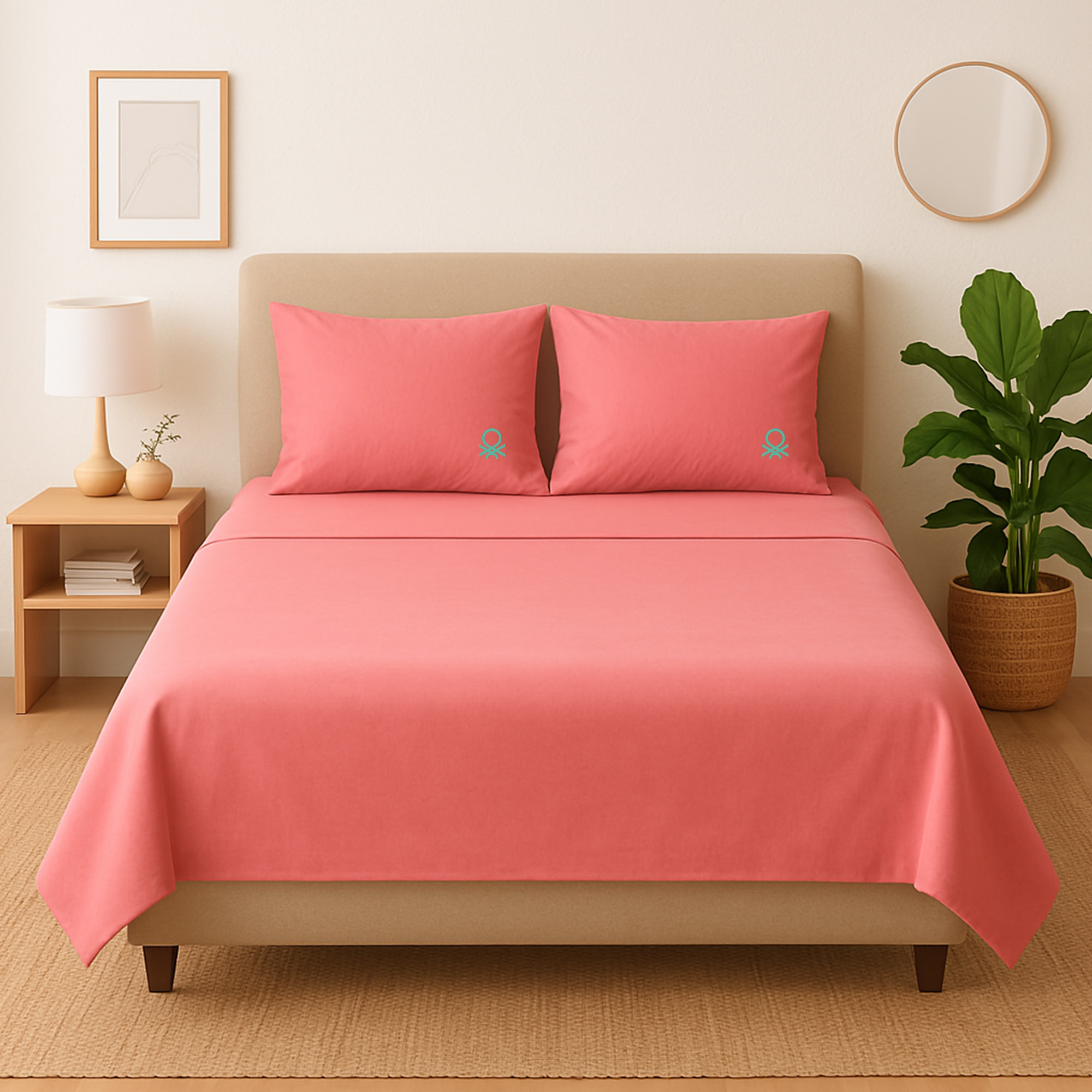 Set 4pzs sabana doble: sabana plana (240x280cm c/ dobladillo simple 5cm) + sabana bajera (160x200+40cm flap) + 2 funda de almohada (50x85cm) 100% alg