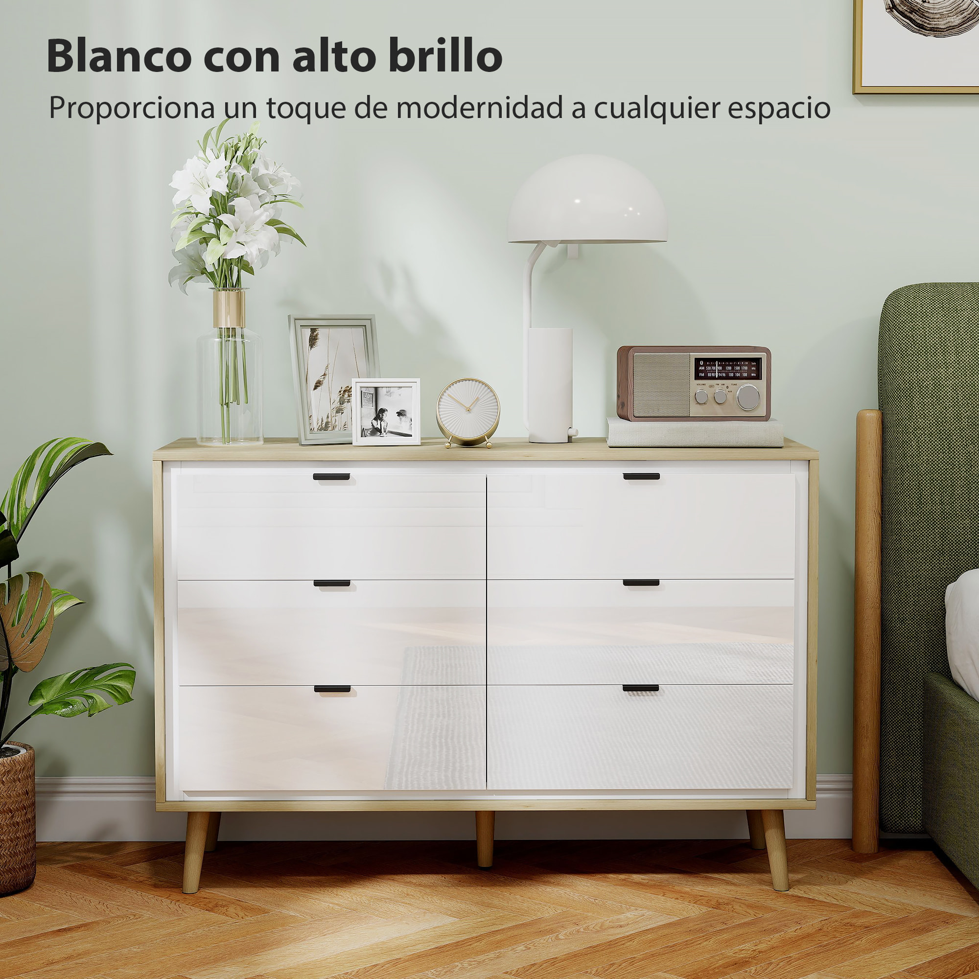 Cómoda 6 Cajones, Cómoda Dormitorio con Patas de Madera, Cajonera para Salón, Oficina, Estilo Moderno, 110x40x75 cm, Blanco Brillo y Roble