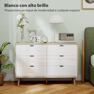 Cómoda 6 Cajones, Cómoda Dormitorio con Patas de Madera, Cajonera para Salón, Oficina, Estilo Moderno, 110x40x75 cm, Blanco Brillo y Roble