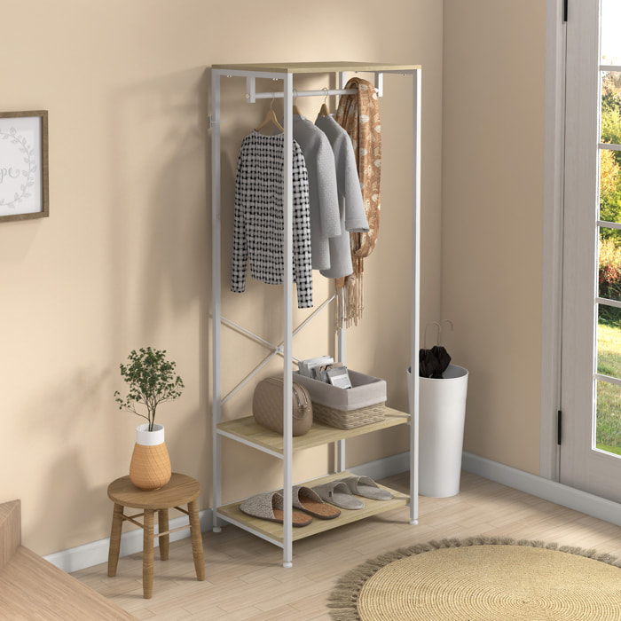 Penderie vestiaire d'entrée 2 étagères tringle acier blanc panneaux aspect bois clair
