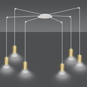 Lampada a sospensione TRAKER con diffusori oro e struttura bianca