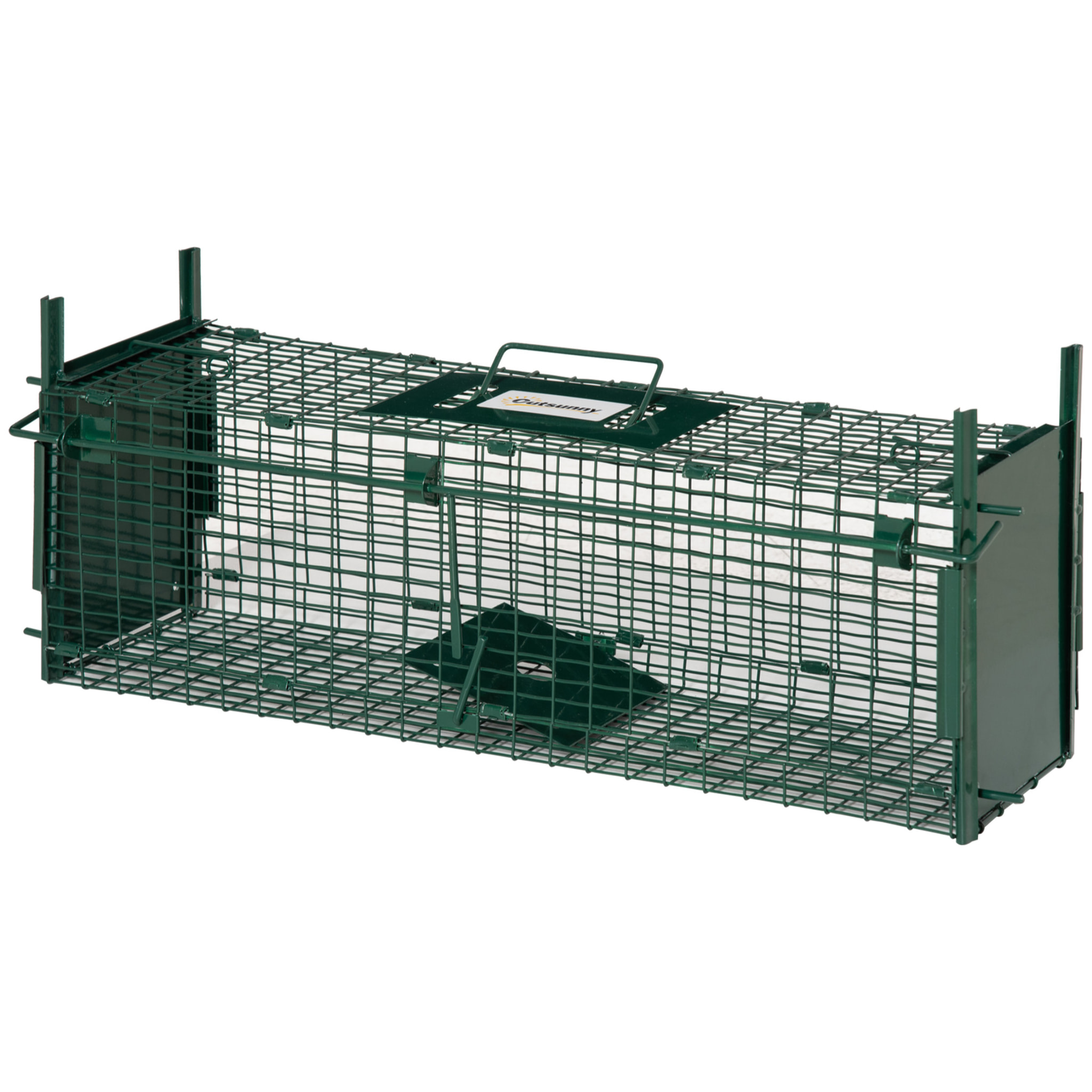 Piège de capture pour petits animaux type lapin rat - 2 entrées + poignée - dim. 60L x 18l x 20H cm - métal vert