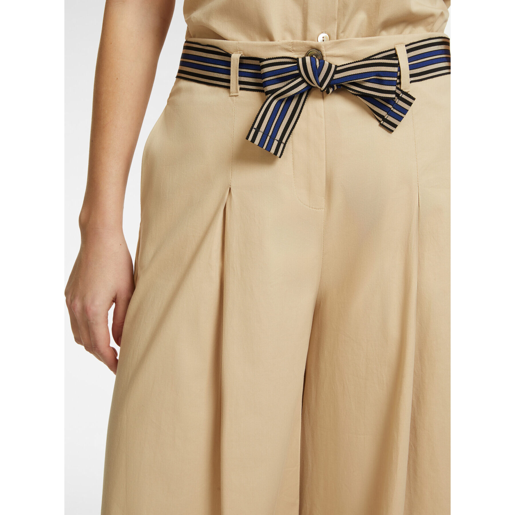 Elena Mirò - Pantalón ancho con cinturón de rayas - Beige