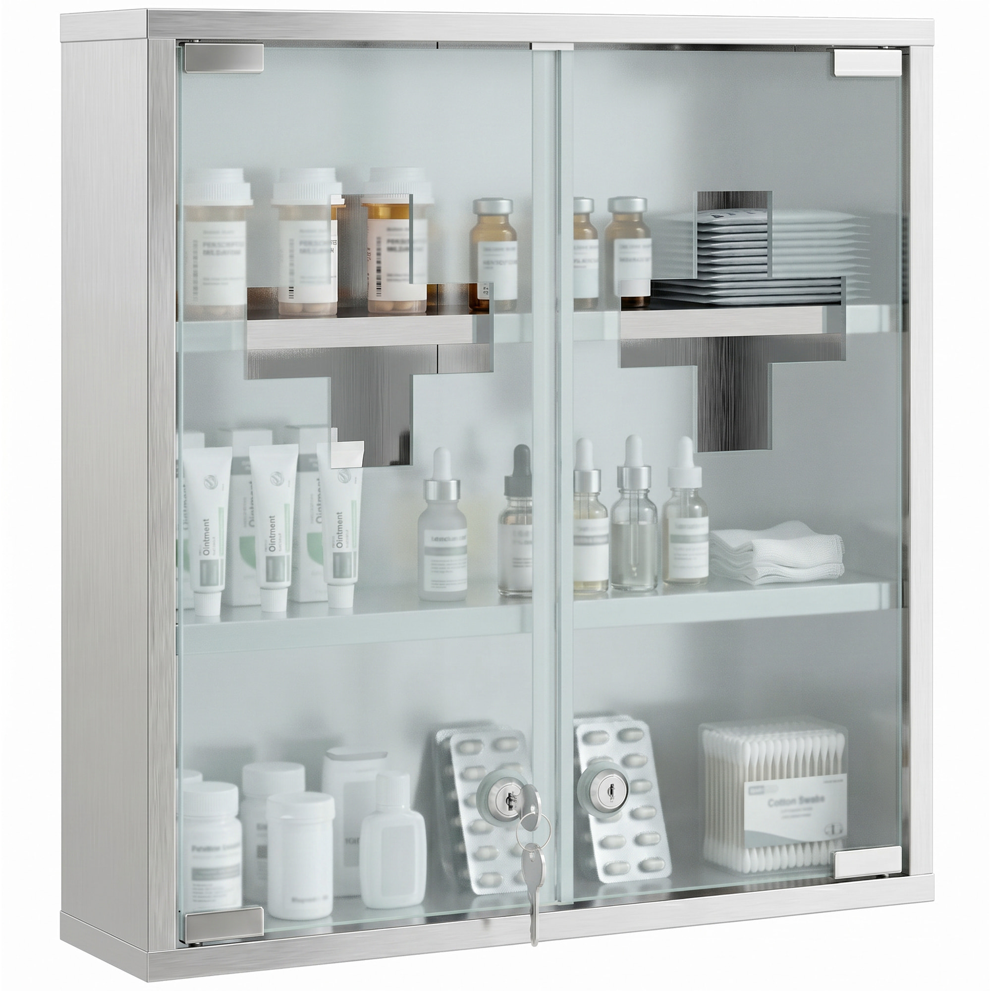 Botiquín de Pared de Primeros Auxilios, Botiquín de Medicinas de 3 Niveles con 2 Puertas de Cristal, Estantes, Cerradura y 2 Llaves, para Baño, Cocina, 46x12x48 cm, Plateado