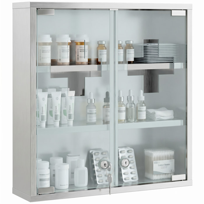 Botiquín de Pared de Primeros Auxilios, Botiquín de Medicinas de 3 Niveles con 2 Puertas de Cristal, Estantes, Cerradura y 2 Llaves, para Baño, Cocina, 46x12x48 cm, Plateado