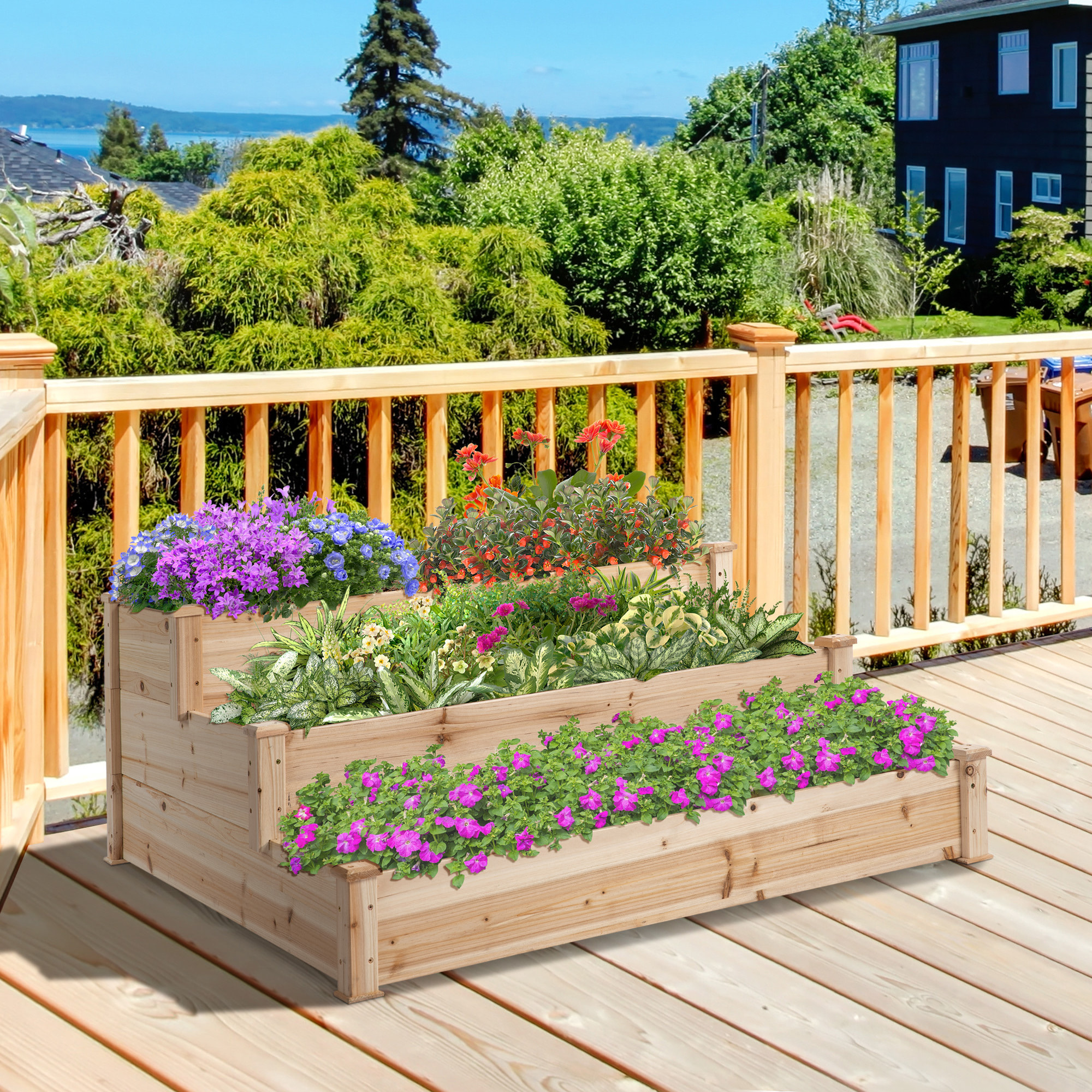 Jardinera Exterior Grande de Madera Arriate de Jardín de 3 Niveles con Diseño de Escalera Huerto Urbano para Cultivos Plantas Flores para Patio Terraza Balcón 120x120x56 cm Natural