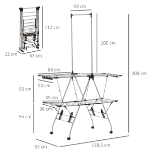 HOMCOM Séchoir à linge étendoir à vêtements pliable réglable avec barre de penderie et roulettes acier inox. PP noir