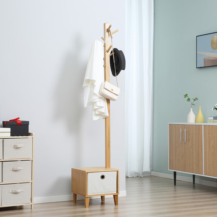 Perchero de Pie de Bambú Tipo árbol con Banco Cajón de Tela y 8 Ganchos para Colgar Ropa Bolsas Bombreros para Entrada Salón Pasillo 35x35x177 cm Natural