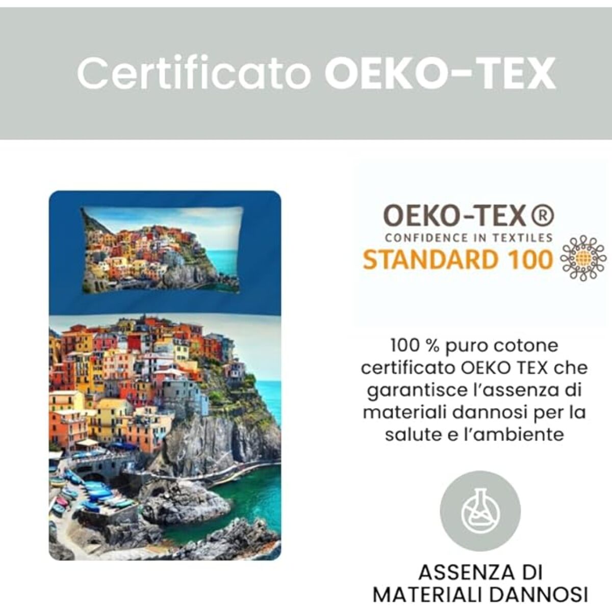 INTRECCI Set Lenzuola Una Piazza e Mezza in Cotone, Stampa Alta Qualità, Lenzuolo Sotto + Lenzuolo Sopra + 1 Federa, Comfort, per Pelli Sensibili, non Stringe in Lavatrice. Fantasia: Cinque Terre