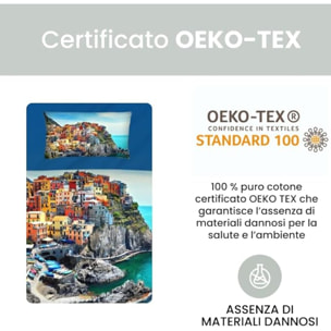 INTRECCI Set Lenzuola Una Piazza e Mezza in Cotone, Stampa Alta Qualità, Lenzuolo Sotto + Lenzuolo Sopra + 1 Federa, Comfort, per Pelli Sensibili, non Stringe in Lavatrice. Fantasia: Cinque Terre