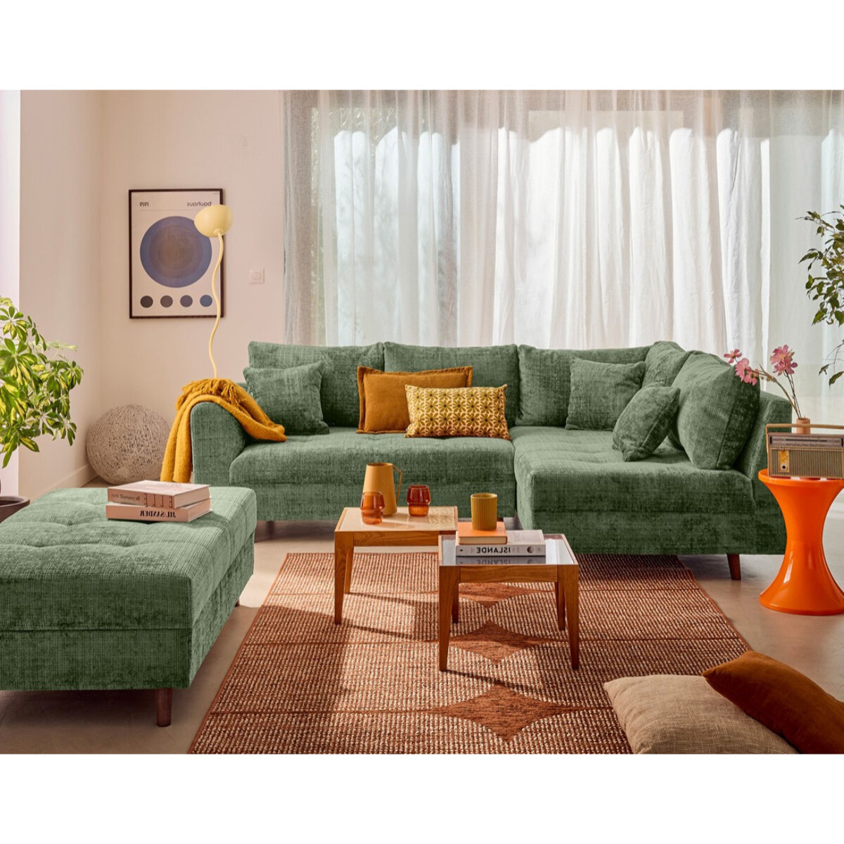Rune - canapé d'angle droit 4 places en velours texturé - Vert sauge